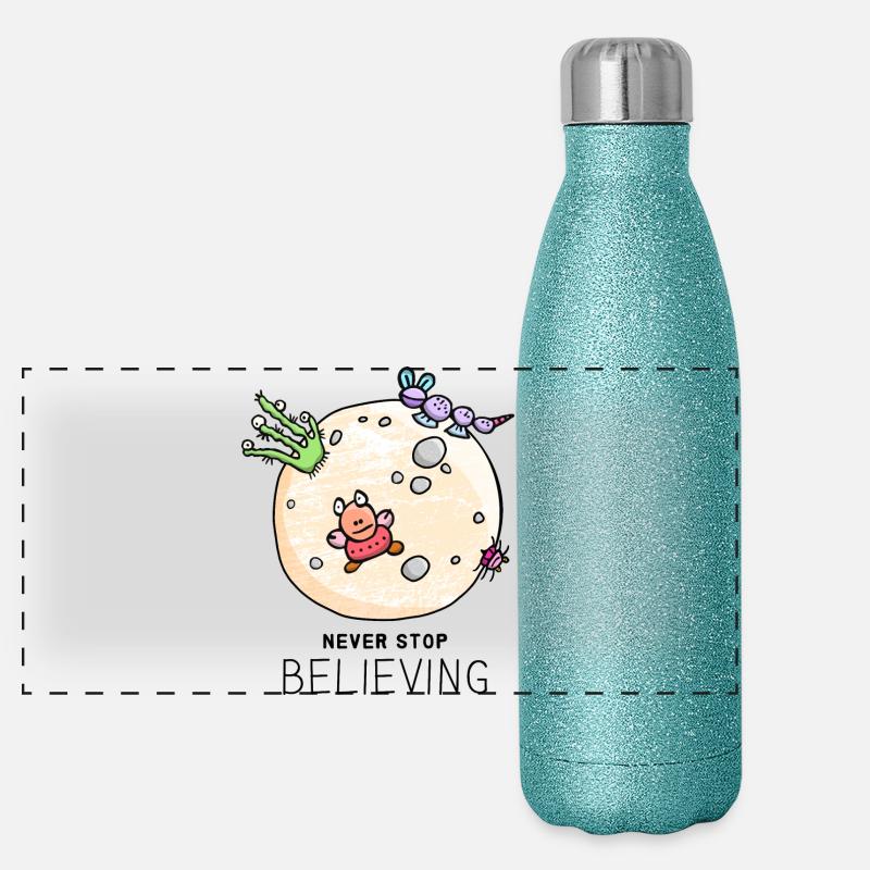 "Never Stop Believing" positiver Spruch mit Aliens Panorama Glitzer Isolierflasche 500 ml