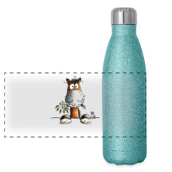 Happy Pferd Mit Blumen Geburtstag - Panorama Glitzer Isolierflasche 500 ml - Blau Glitzer - Vorne