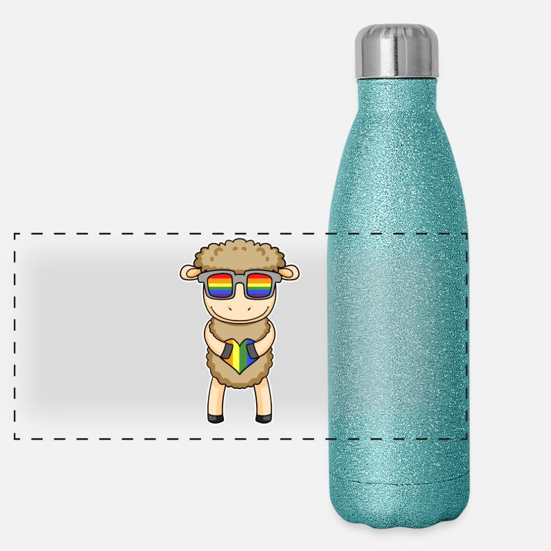 Regenbogen - Schaf mit Brille und Herz Panorama Glitzer Isolierflasche 500 ml
