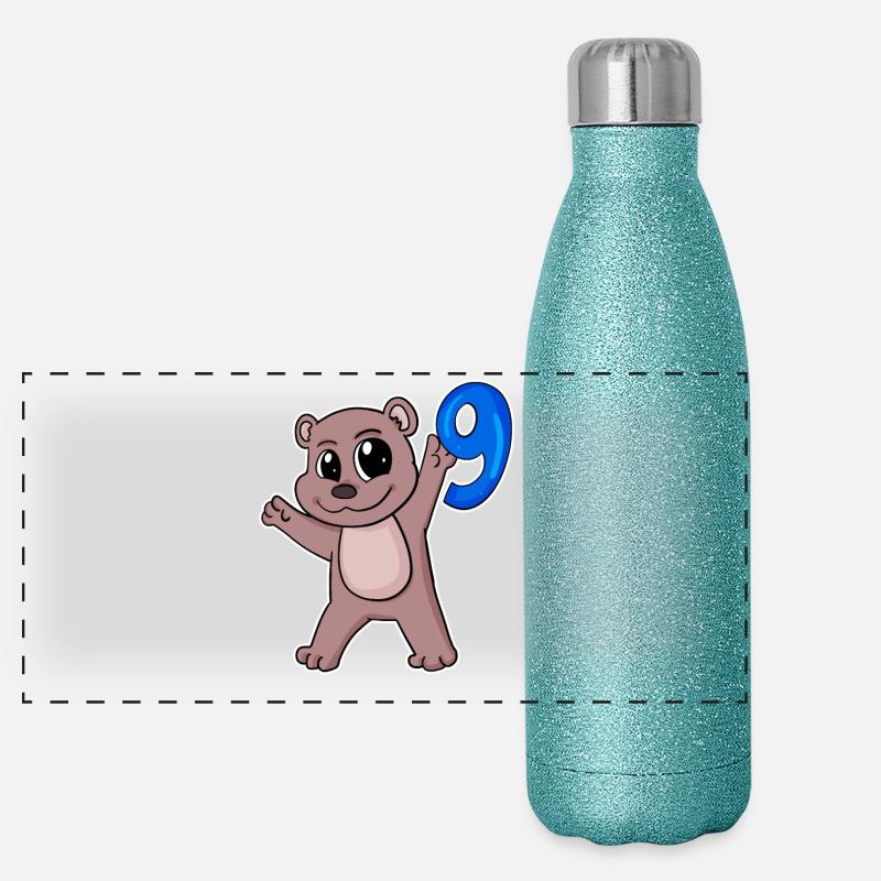 9th Birthday Motif Bear - 9 Years Panoramic Glitter Thermal Bottle 500 ml
