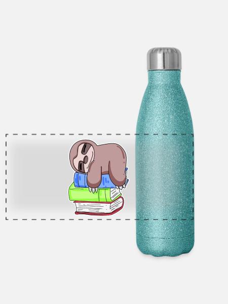Faultier Buch Bücher Lesen - Panorama Glitzer Isolierflasche 500 ml - Blau Glitzer