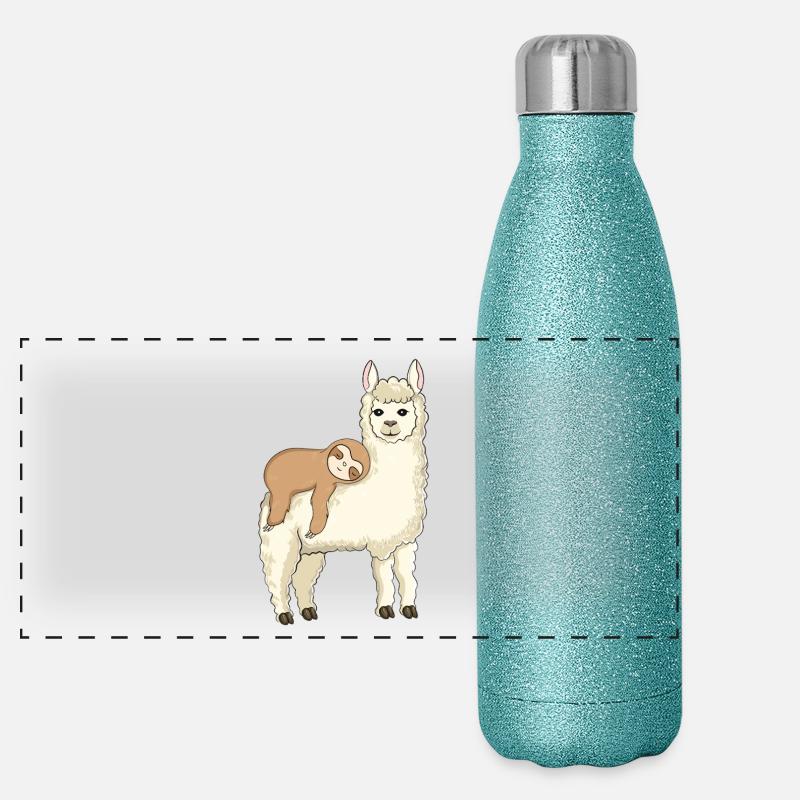 Whimsical Alpaca with Slumbering Llama - Panoramic Glitter Thermal Bottle 500 ml - blue glitter