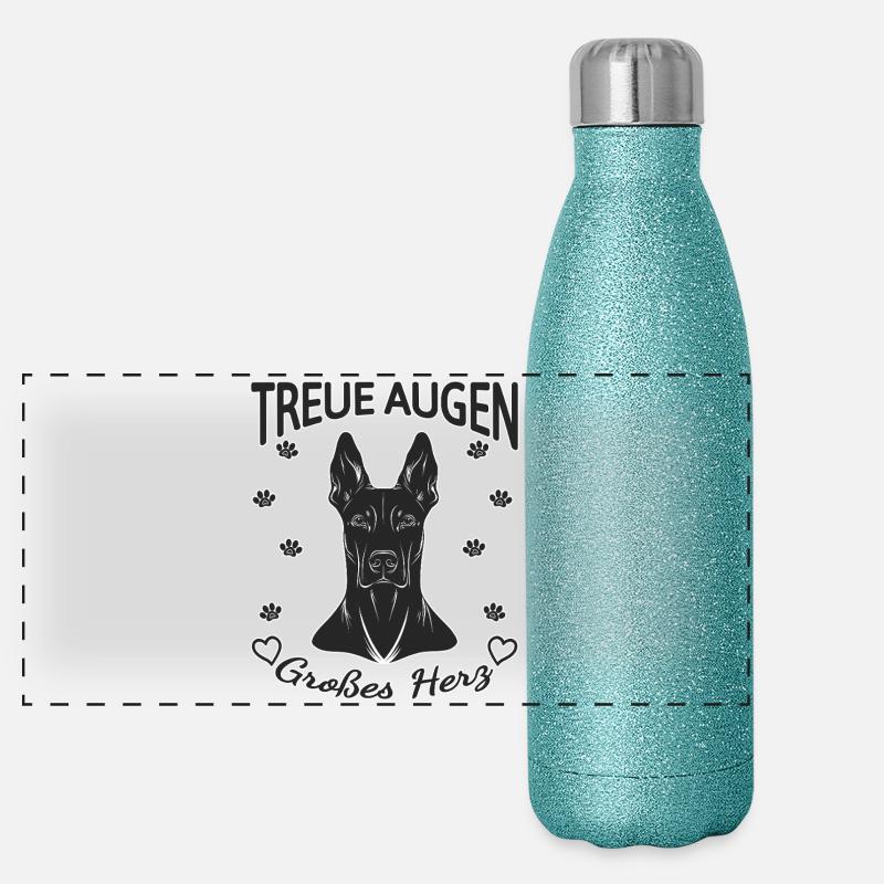 Treue Augen – Großes Herz Dobermann Panorama Glitzer Isolierflasche 500 ml