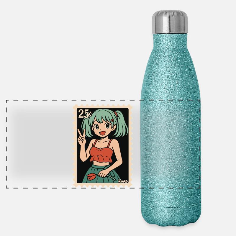 Illustration de cachet postal de fille d’anime Gourde isotherme panoramique pailletée 500 ml