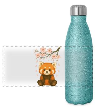 Roter Panda, Pandabär, Japanisch, Kirschblüten - Panorama Glitzer Isolierflasche 500 ml - Blau Glitzer - Vorne
