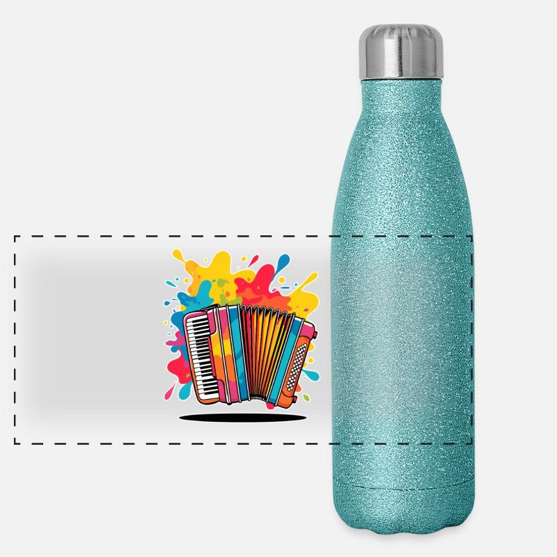 Farbenfrohe Musikinstrumente mit Spritzern Panorama Glitzer Isolierflasche 500 ml