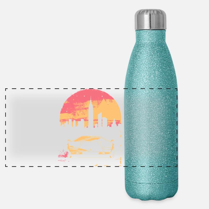 Synthwave 80s Vaporwave Retro Car Skyline Motif Panoramic Glitter Thermal Bottle 500 ml