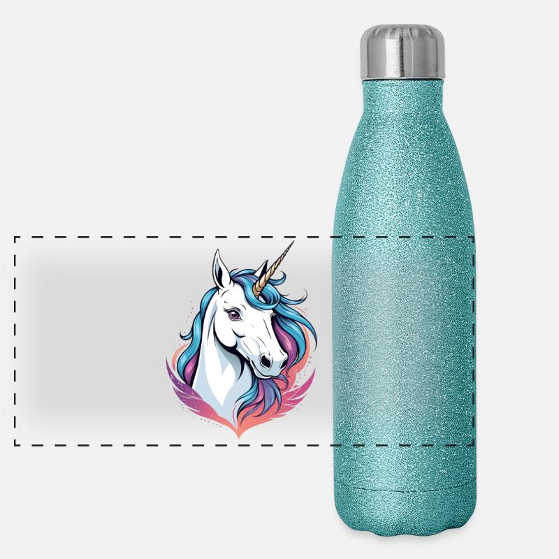 Magic unicorn head with colored mane Panoramic Glitter Thermal Bottle 500 ml