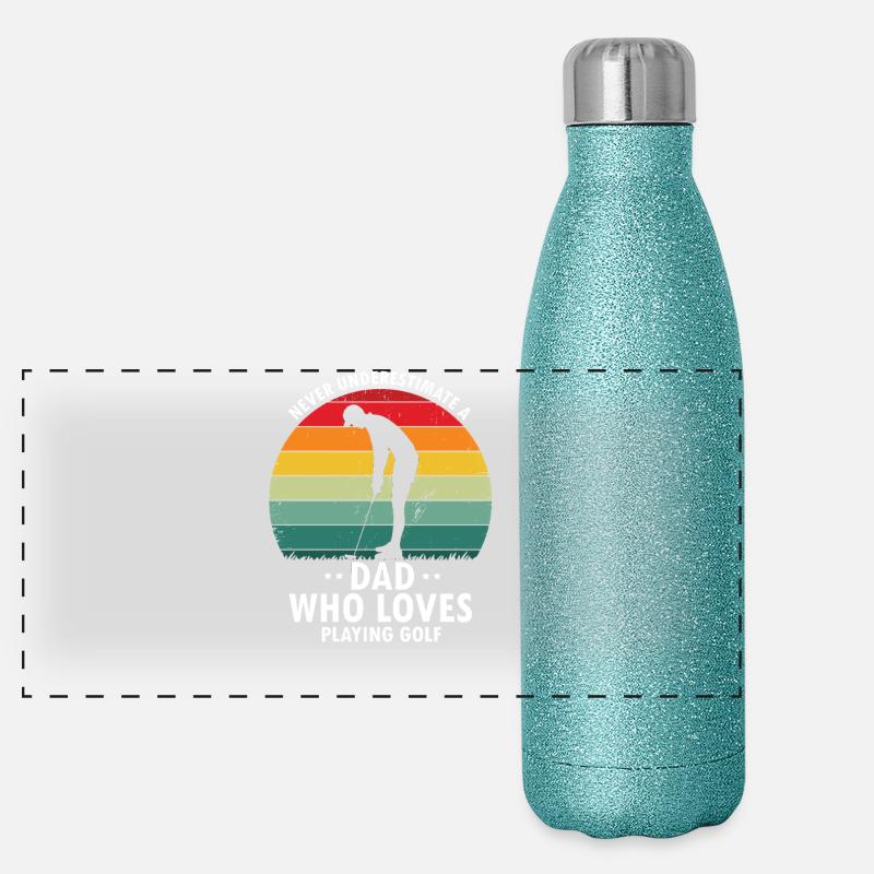 Never Underestimate Dad Who Loves Playing Golf Panorama Glitzer Isolierflasche 500 ml