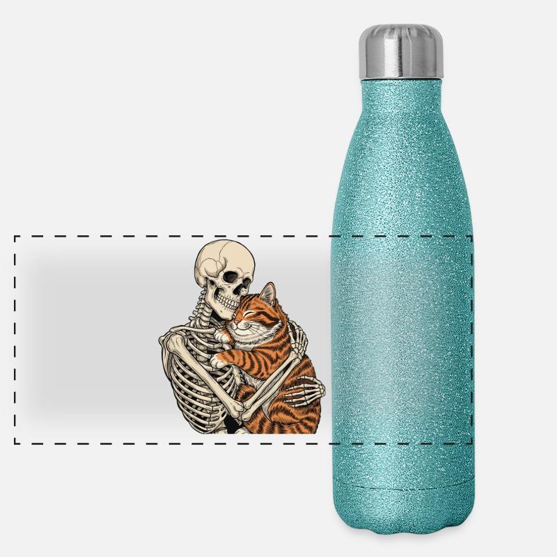 Skeleton Hugging Cat — Spooky Cat Skeleton Cuddle Panoramic Glitter Thermal Bottle 500 ml