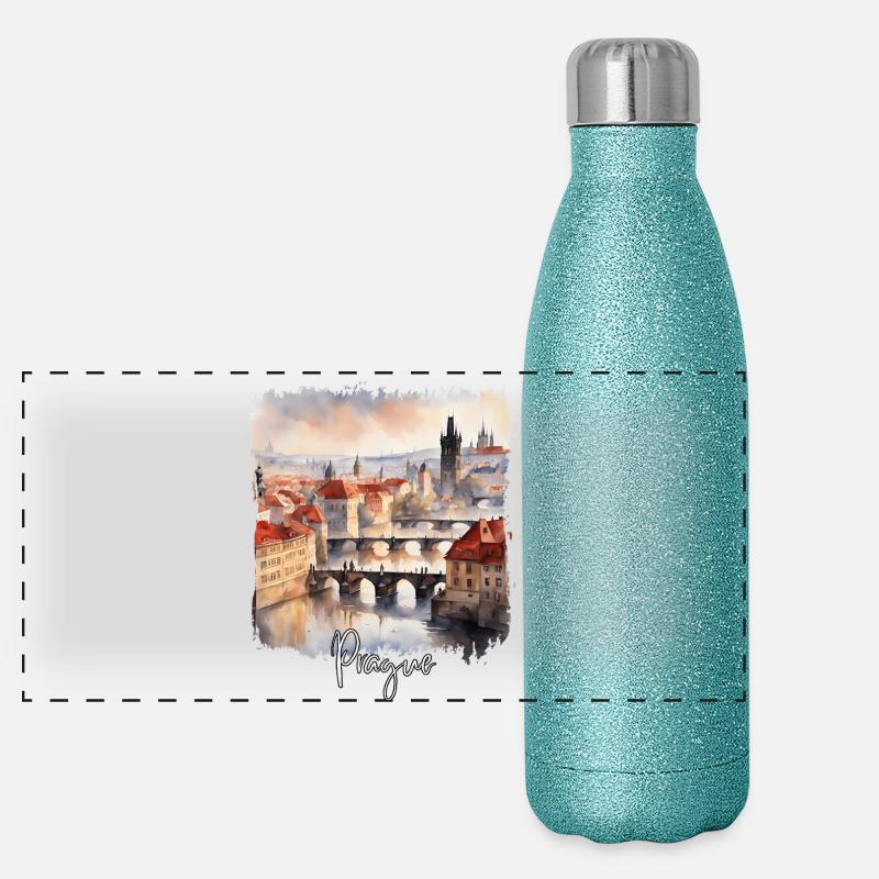 Aquarelle de Prague, Prague République tchèque Gourde isotherme panoramique pailletée 500 ml
