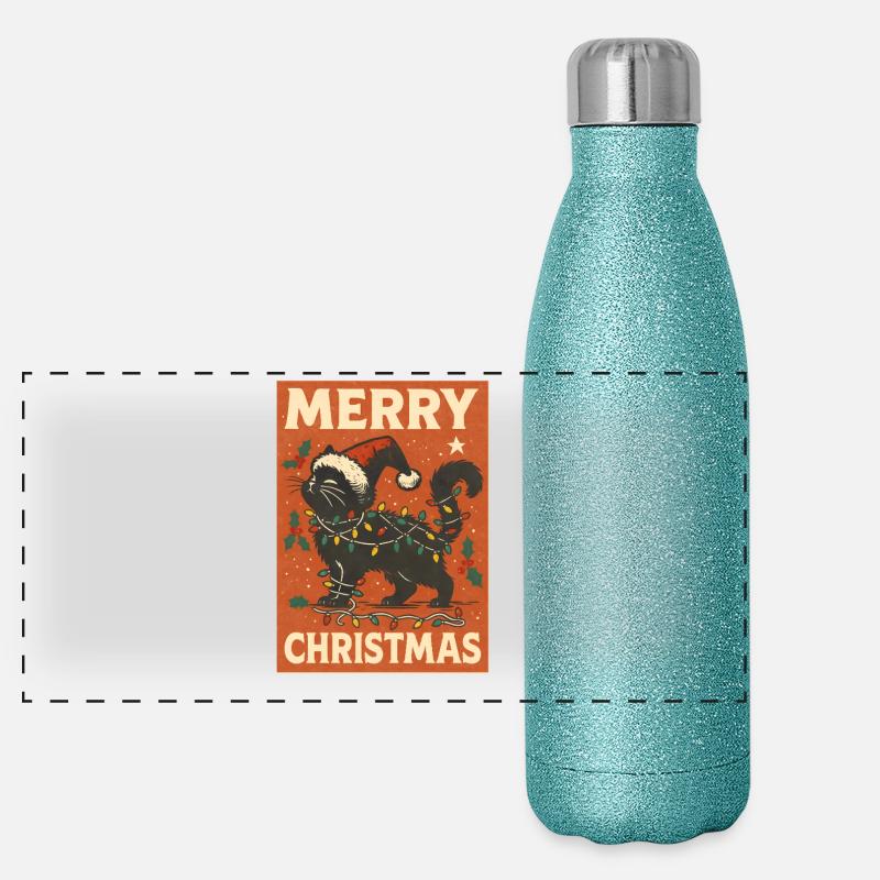 Joyeux Noël chat avec des lumières Gourde isotherme panoramique pailletée 500 ml