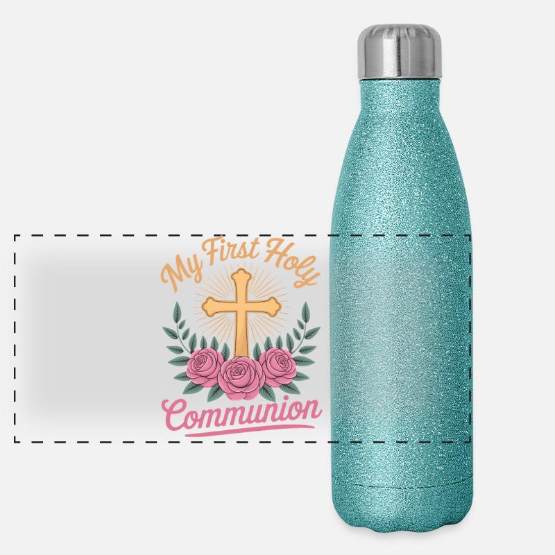 Croix de la Première Communion des Roses Gourde isotherme panoramique pailletée 500 ml