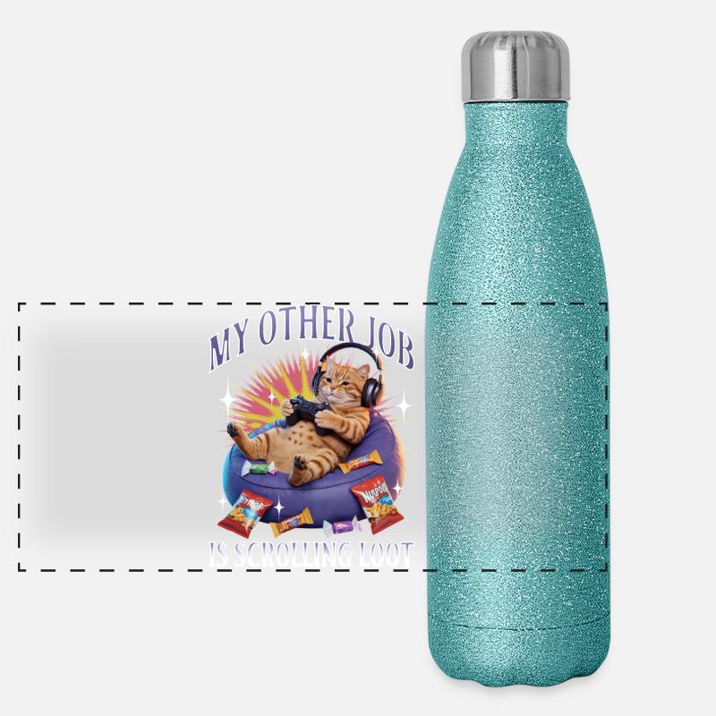 Chat gamer drôle Gourde isotherme panoramique pailletée 500 ml