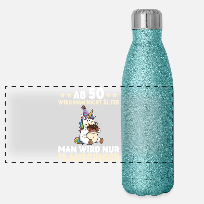 50. Geburtstag Einhorn – Man wird nur flauschiger Panorama Glitzer Isolierflasche 500 ml