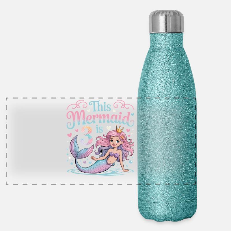 Mermaid 3rd Birthday 3 Years Panoramic Glitter Thermal Bottle 500 ml