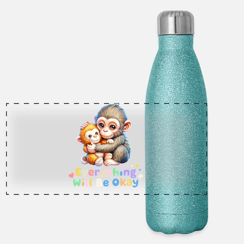 Everything Will Be Okay Monkey Duo Panoramic Glitter Thermal Bottle 500 ml