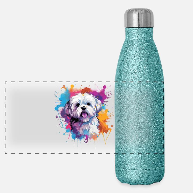 Chien maltais coloré à l’œuvre éclaboussée Gourde isotherme panoramique pailletée 500 ml