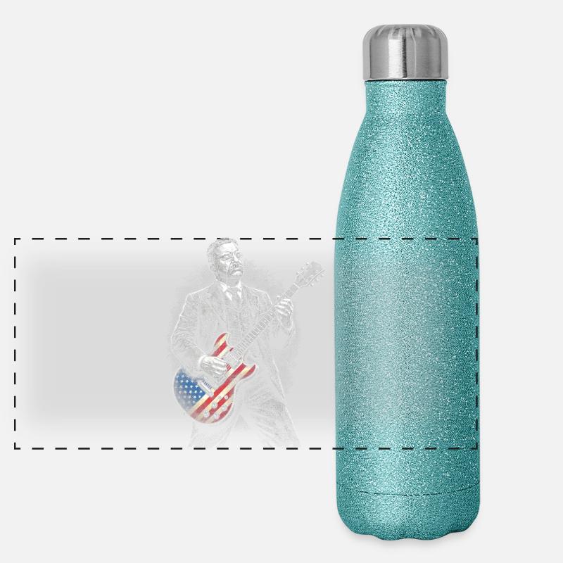 Theodore Roosevelt Guitarist with Flags Guitar Panoramic Glitter Thermal Bottle 500 ml