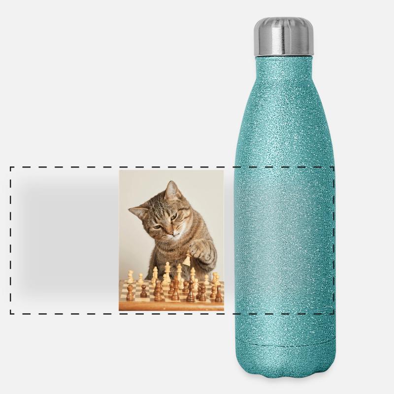 Chat jouant aux échecs Gourde isotherme panoramique pailletée 500 ml