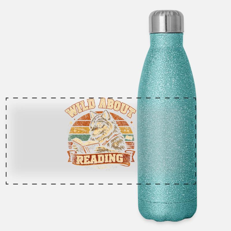 Wild About Reading Wolf Retro Bücher Spruch Panorama Glitzer Isolierflasche 500 ml