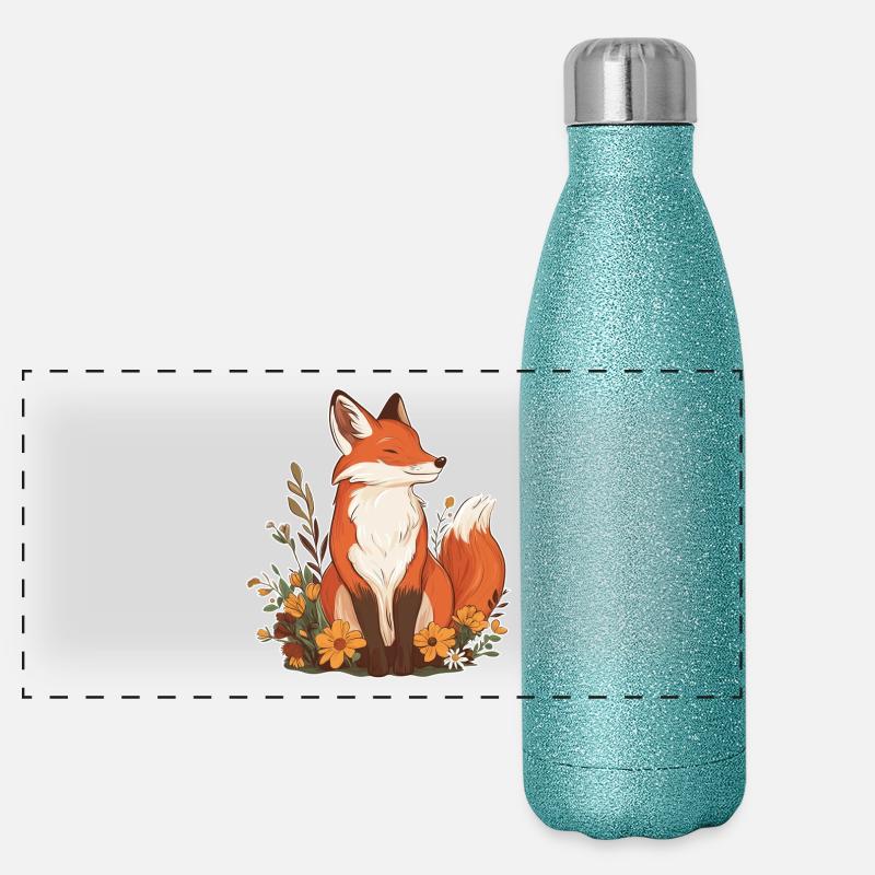 Renard avec des fleurs Gourde isotherme panoramique pailletée 500 ml