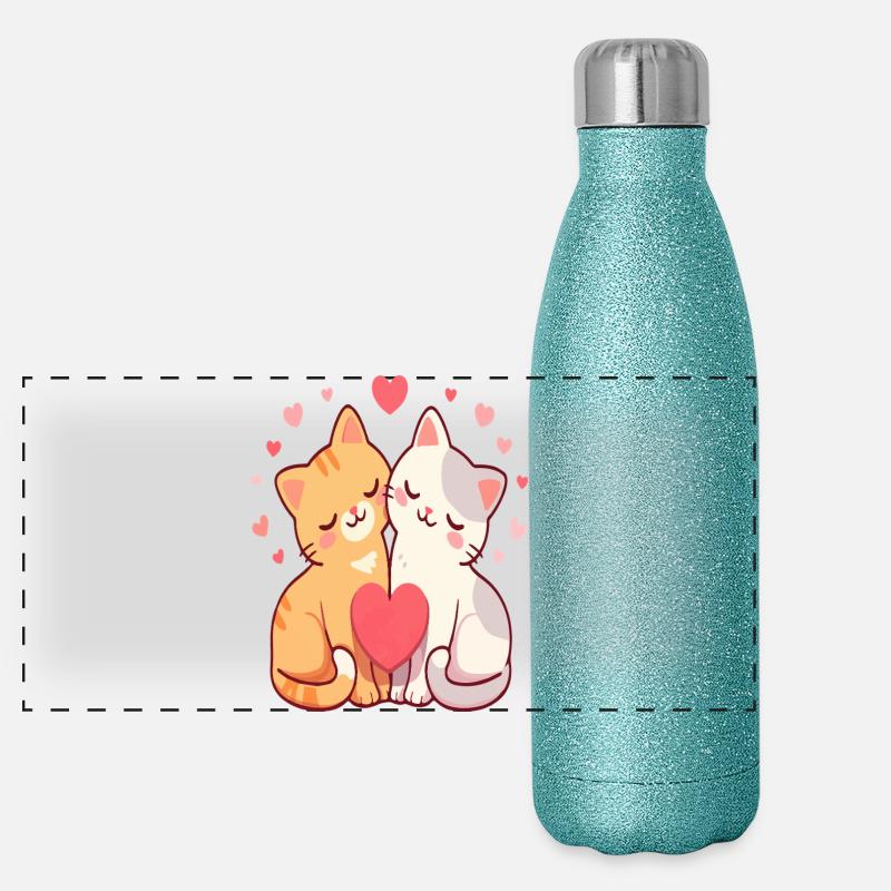 Duo de Chats Kawaii Hearts Gourde isotherme panoramique pailletée 500 ml