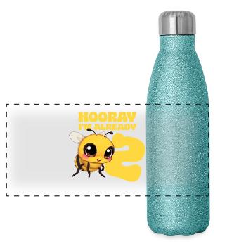 Bee 2 Years Birthday - Hooray I'm already 2 - Panoramic Glitter Thermal Bottle 500 ml - blue glitter - Front