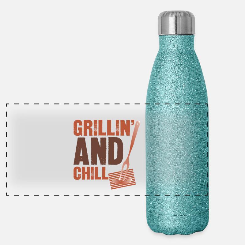 Grillin and chill- lustiges Grill geschenk tshirt Panorama Glitzer Isolierflasche 500 ml