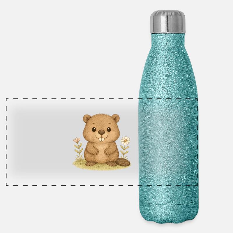 Nordischer Wald - Süßer Biber Panorama Glitzer Isolierflasche 500 ml