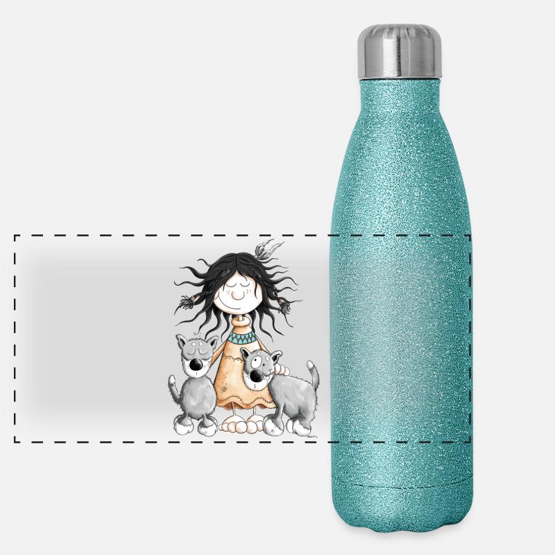 Indianermädchen unter Wölfen Panorama Glitzer Isolierflasche 500 ml