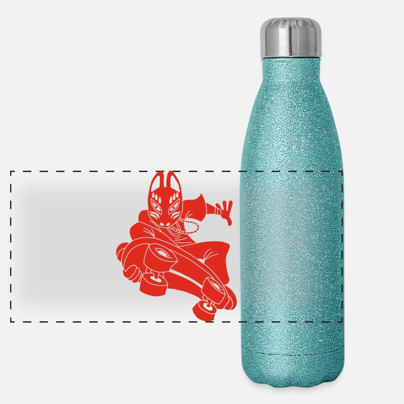 Strange red fox on skateboarding Panoramic Glitter Thermal Bottle 500 ml