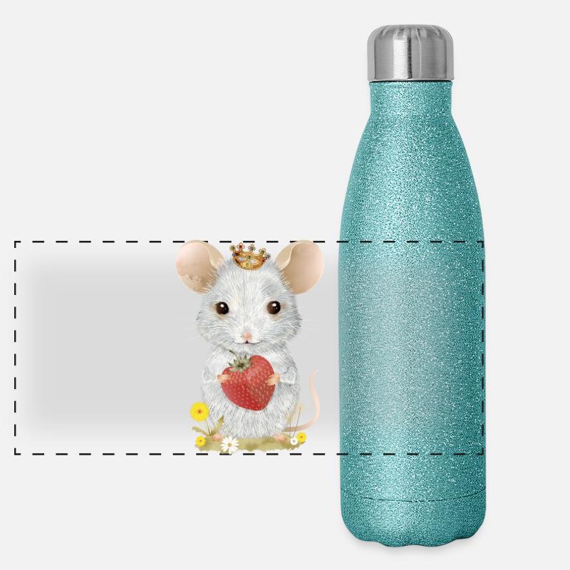 white mouse with crown, strawberry and dandelion flowers Panoramic Glitter Thermal Bottle 500 ml