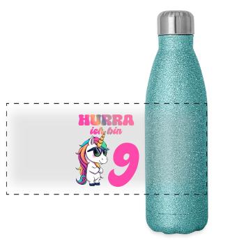 Licorne d’anniversaire des enfants de 9 ans - Hourra j’ai 9 ans - Gourde isotherme panoramique pailletée 500 ml - paillettes bleues - Devant