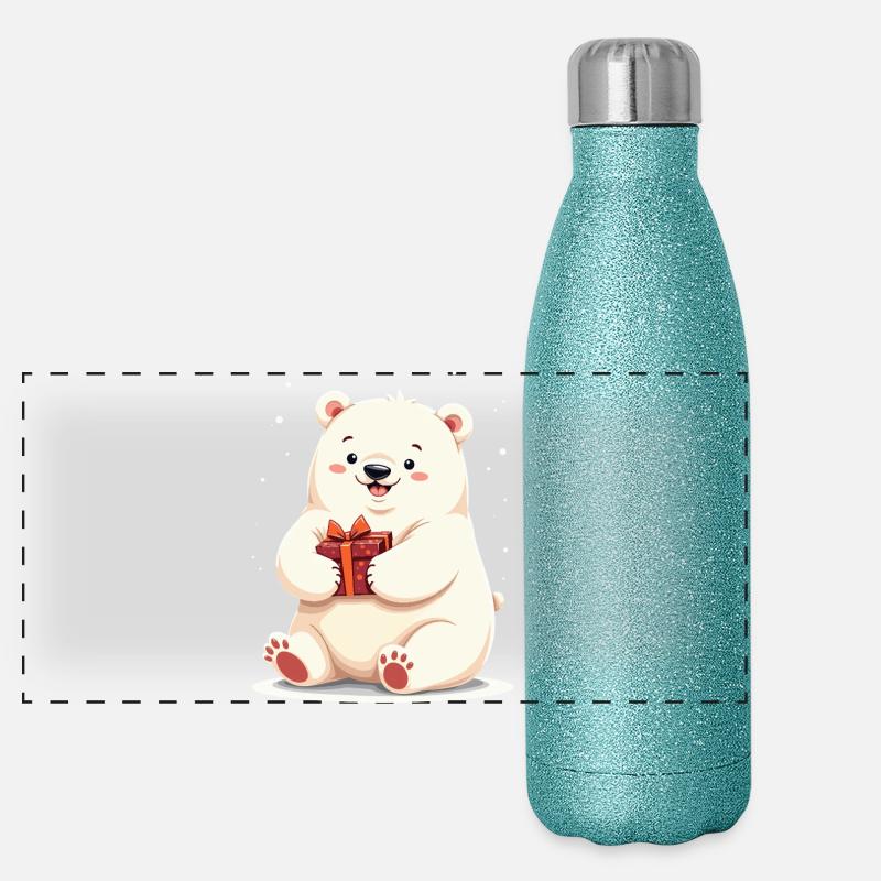 Cute Polar Bear with Gift Illustration Panoramic Glitter Thermal Bottle 500 ml