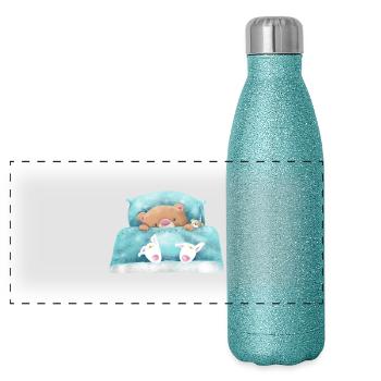 Teddy Bear is sleeping - Panoramic Glitter Thermal Bottle 500 ml - blue glitter - Front