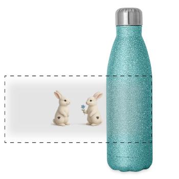Häschenfreundschaft Blume Herz - Panorama Glitzer Isolierflasche 500 ml - Blau Glitzer - Vorne