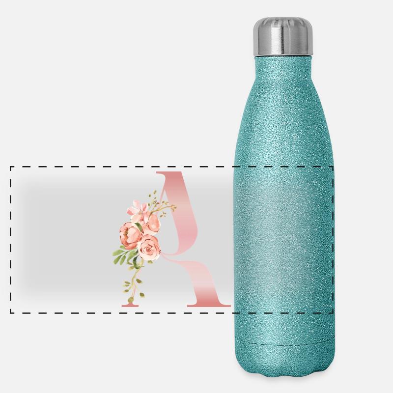 Monogram A Pastel Floral - Panoramic Glitter Thermal Bottle 500 ml - blue glitter