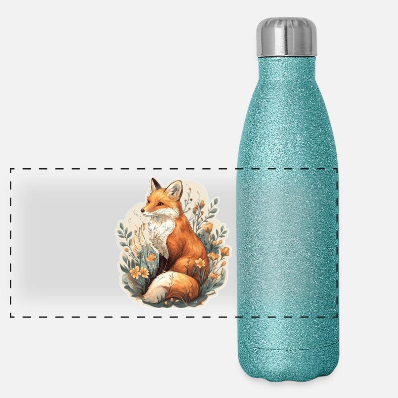 Fuchs mit Blumen Panorama Glitzer Isolierflasche 500 ml