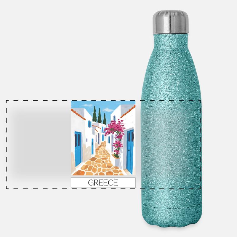 Greek Road Path Blue & White Panoramic Glitter Thermal Bottle 500 ml