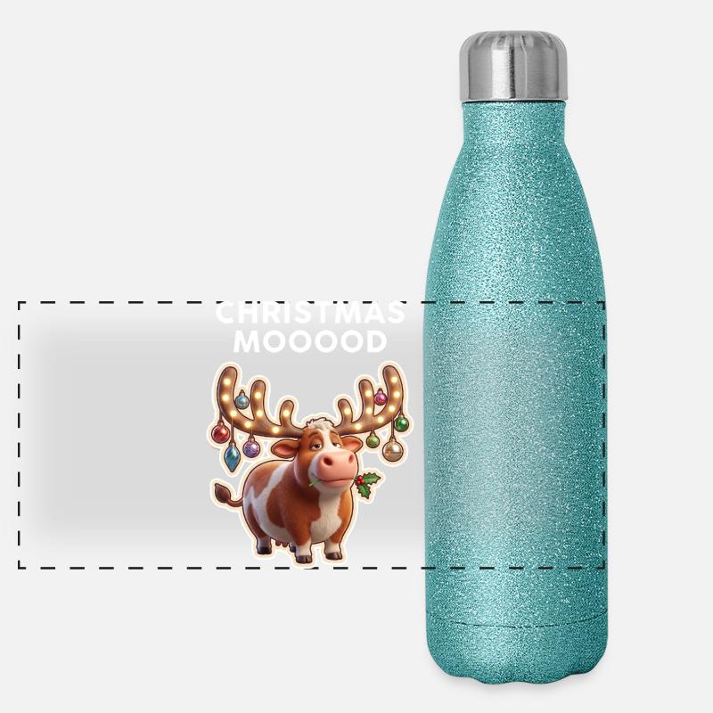 Weihnachtskuh mit Leuchtornamenten Panorama Glitzer Isolierflasche 500 ml
