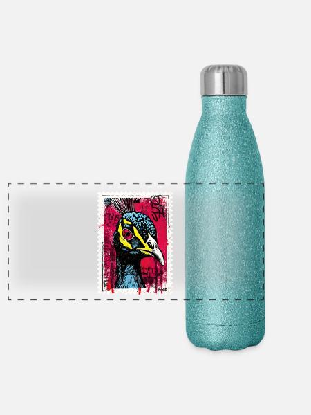 Pfau mit pinkem Blick im Streetart-Look - Panorama Glitzer Isolierflasche 500 ml - Blau Glitzer - Vorne