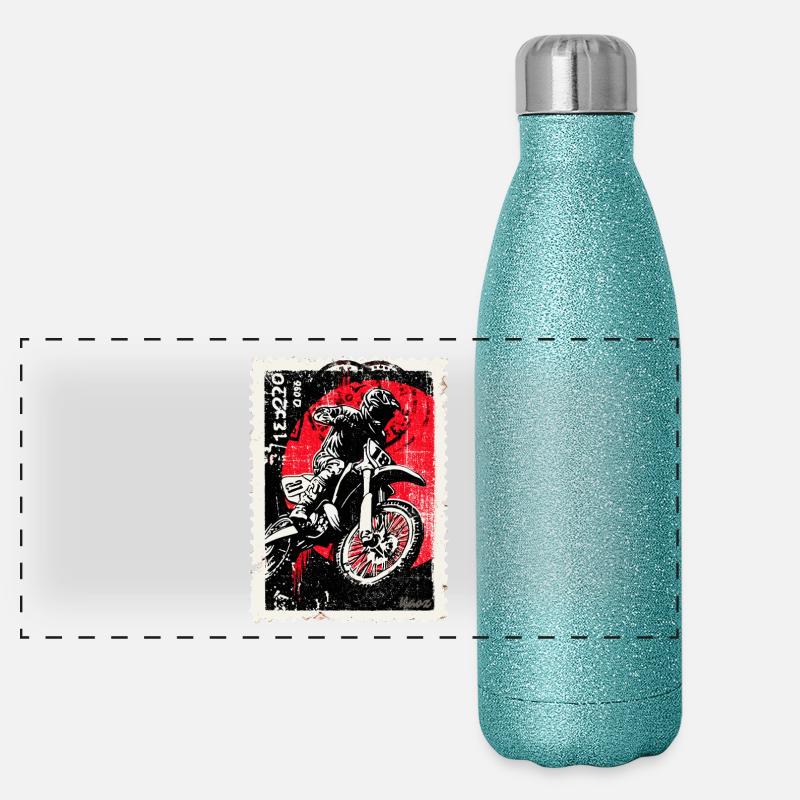 Pilote de motocross devant un timbre-poste soleil rouge Gourde isotherme panoramique pailletée 500 ml