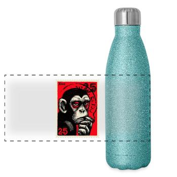 Cool monkey on postage stamp - Panoramic Glitter Thermal Bottle 500 ml - blue glitter - Front