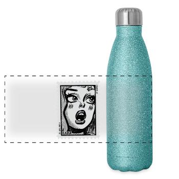 Comic Woman in Shock – Pop Art Postage Stamp - Panoramic Glitter Thermal Bottle 500 ml - blue glitter - Front