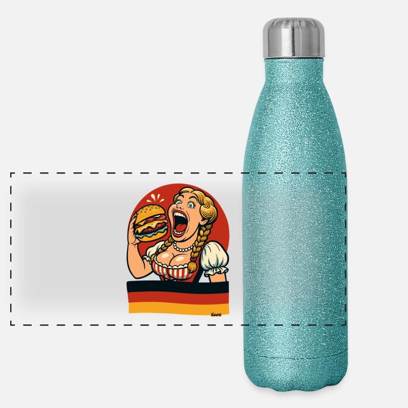 Une femme de Dirndl mange un hamburger géant Gourde isotherme panoramique pailletée 500 ml