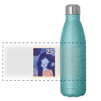 Fille aux cheveux longs au look rétro - Gourde isotherme panoramique pailletée 500 ml - paillettes bleues - Devant