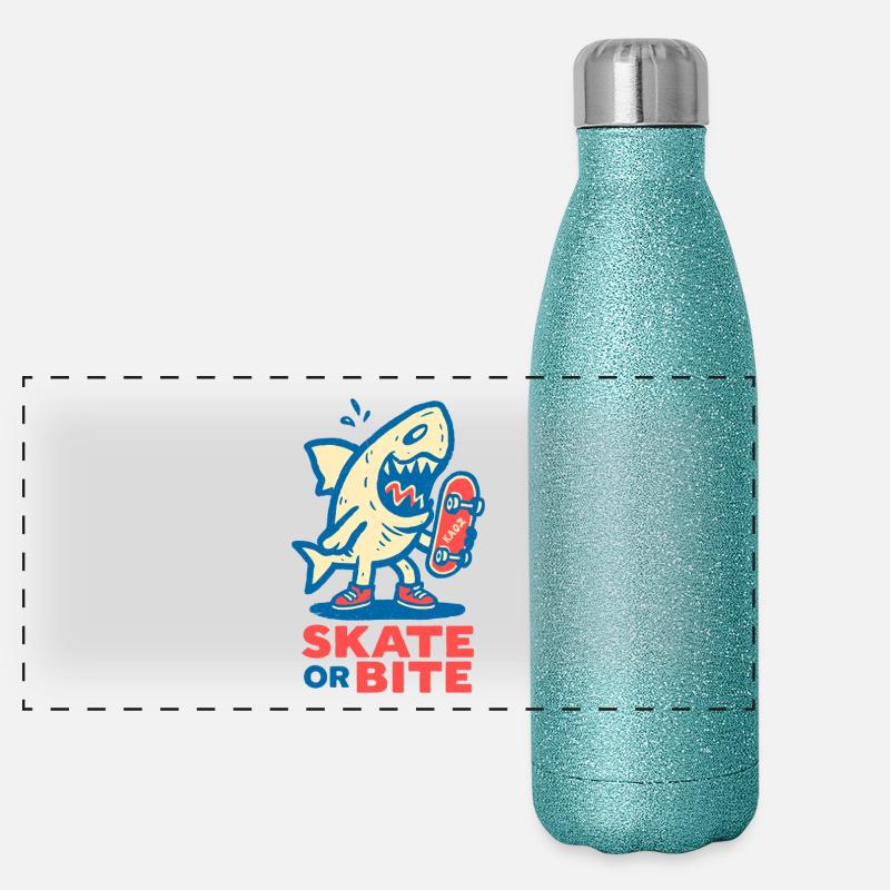 Comic-Hai mit Skateboard und Spruch Panorama Glitzer Isolierflasche 500 ml