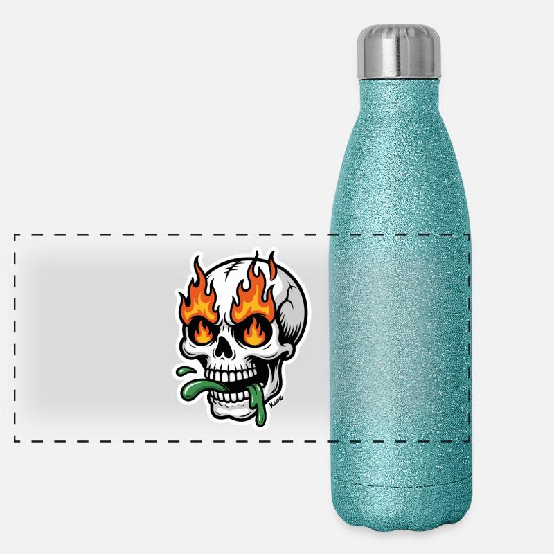 Crâne de flammes avec de la bave verte dans la bouche Gourde isotherme panoramique pailletée 500 ml