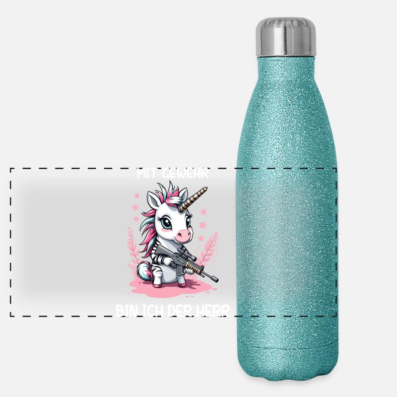 Einhorn mit Jagdgewehr Panorama Glitzer Isolierflasche 500 ml